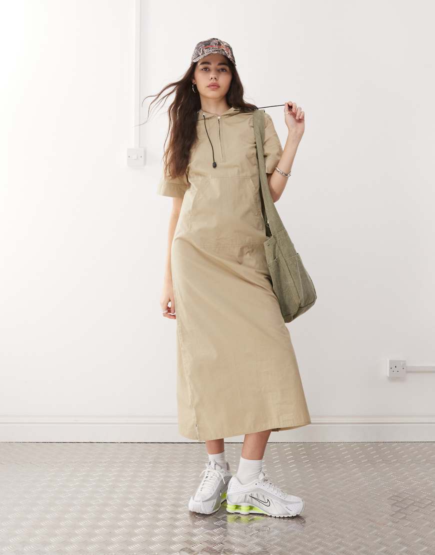 athletic hooded a-line maxi dress in stone