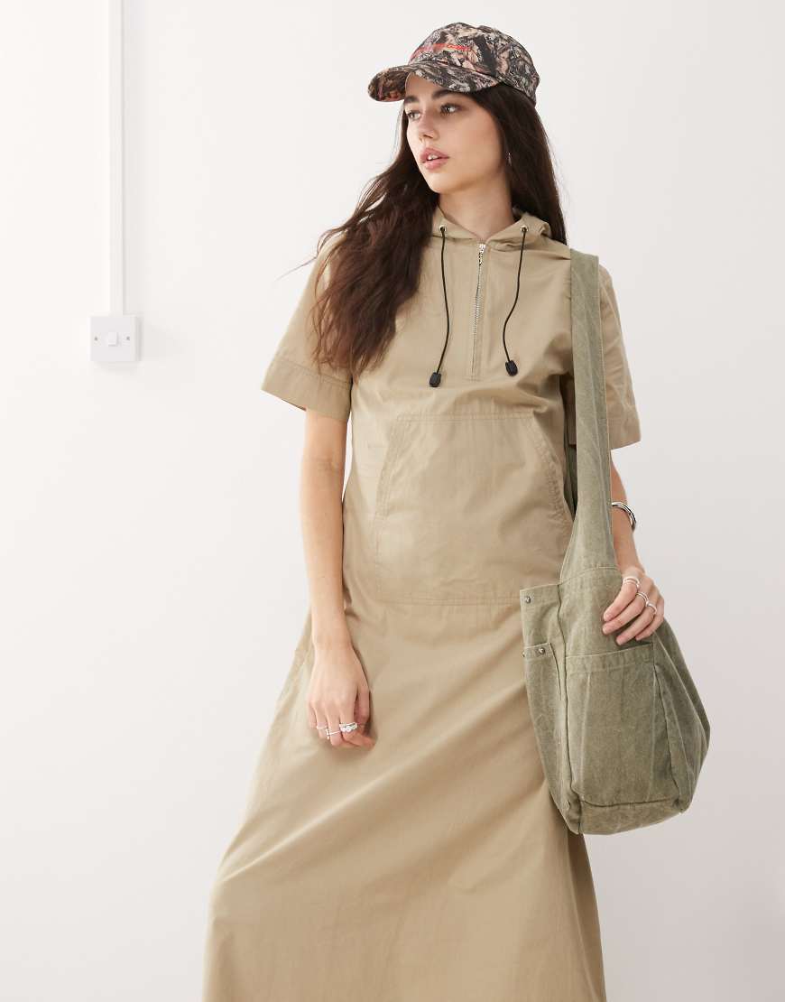 athletic hooded a-line maxi dress in stone