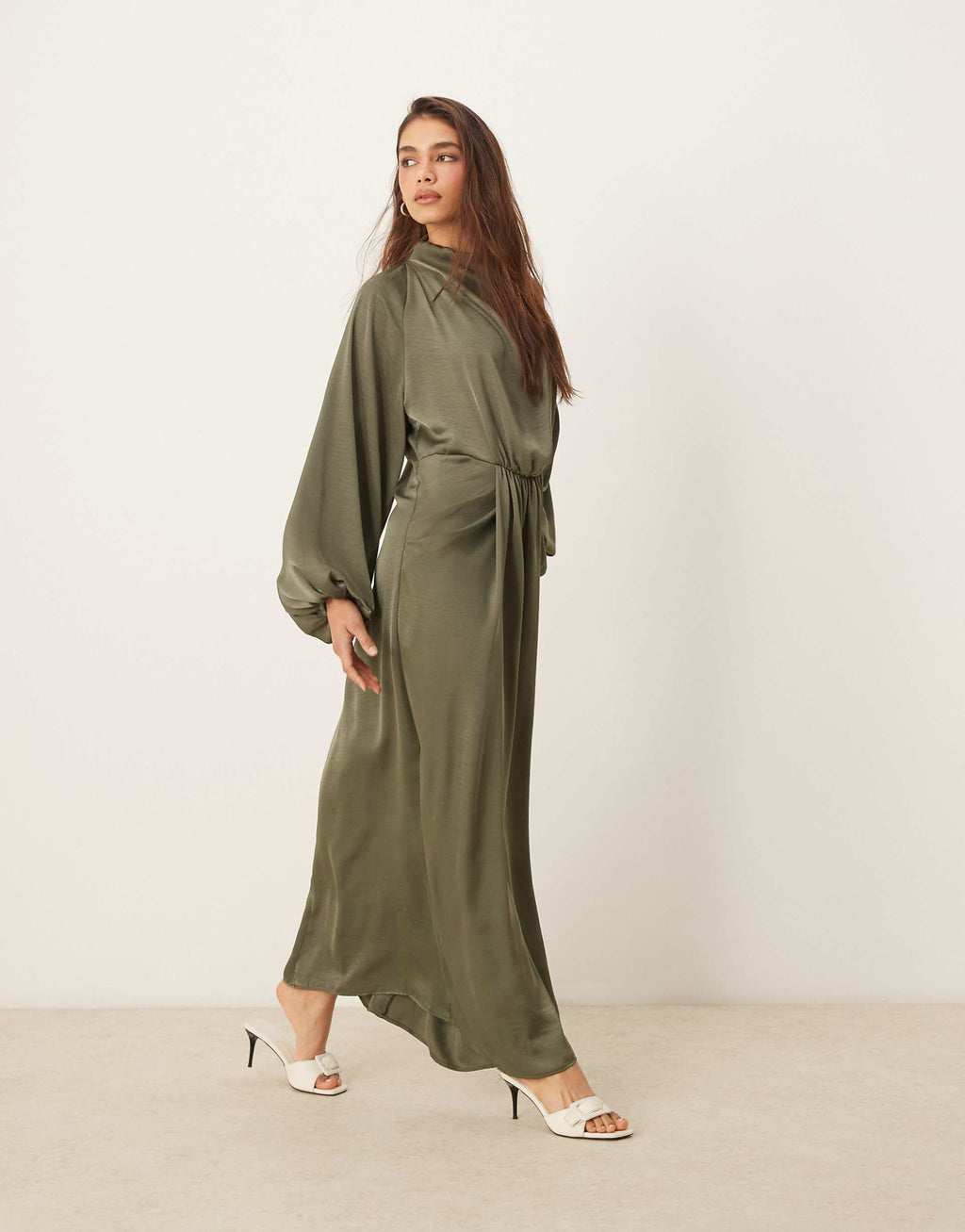 ASOS DESIGN draped blouson sleeve satin maxi dress in olive