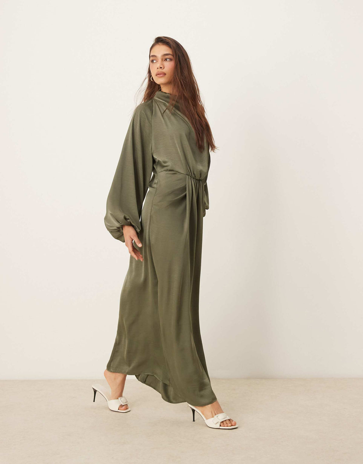 ASOS DESIGN draped blouson sleeve satin maxi dress in olive