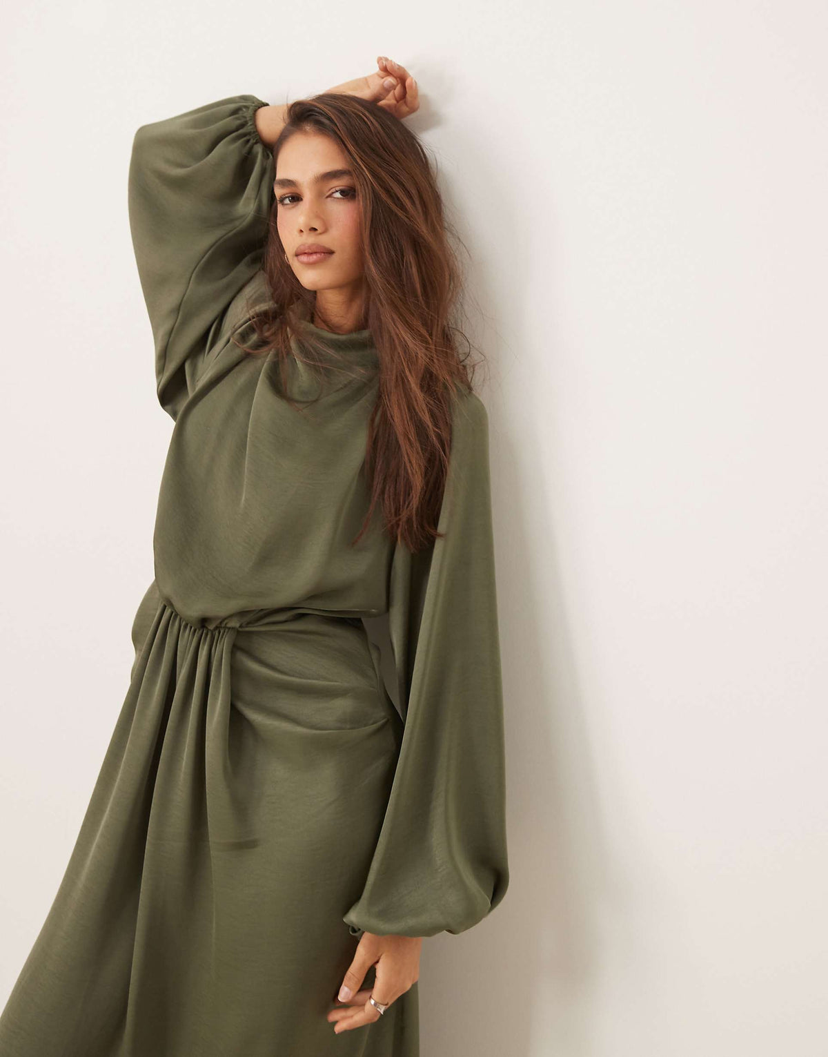 ASOS DESIGN draped blouson sleeve satin maxi dress in olive