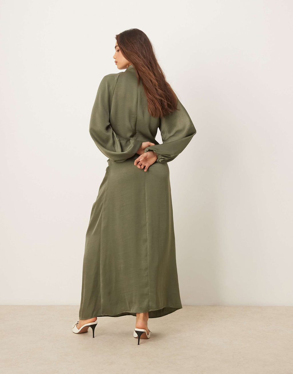 ASOS DESIGN draped blouson sleeve satin maxi dress in olive