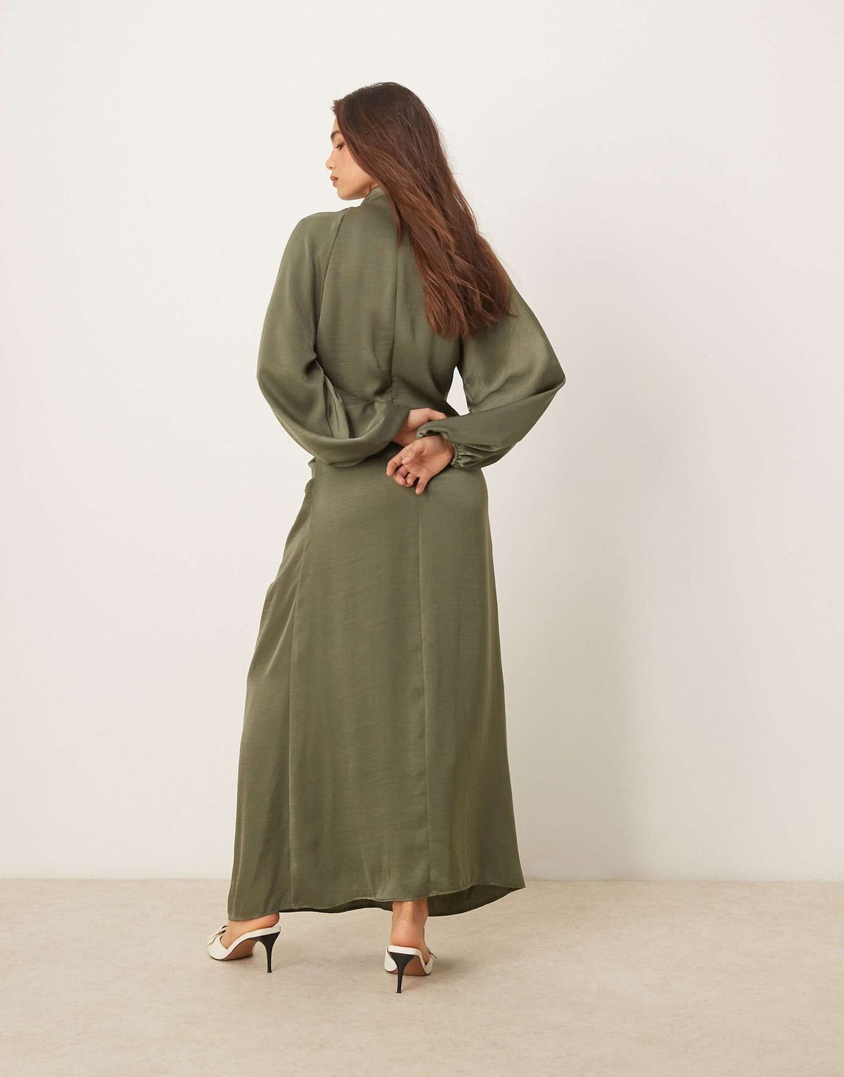 ASOS DESIGN draped blouson sleeve satin maxi dress in olive