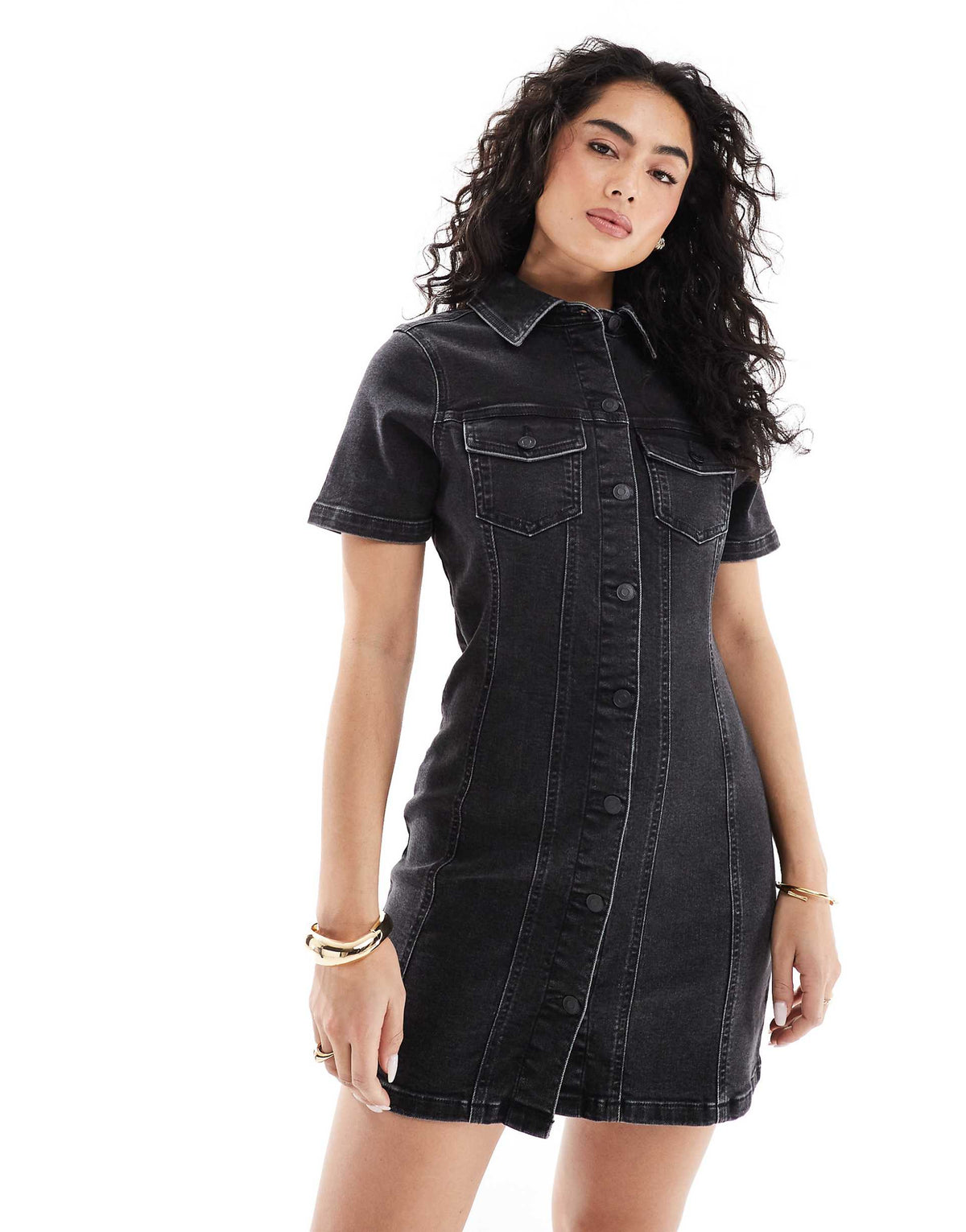 ASOS DESIGN denim fitted shirt mini dress in wash black