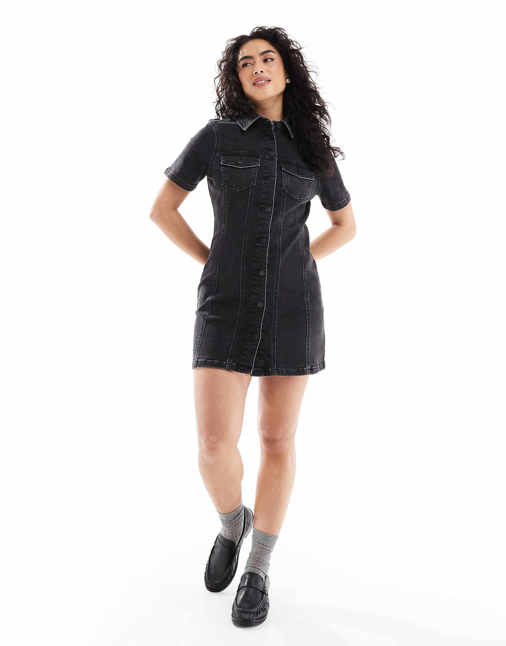 ASOS DESIGN denim fitted shirt mini dress in wash black