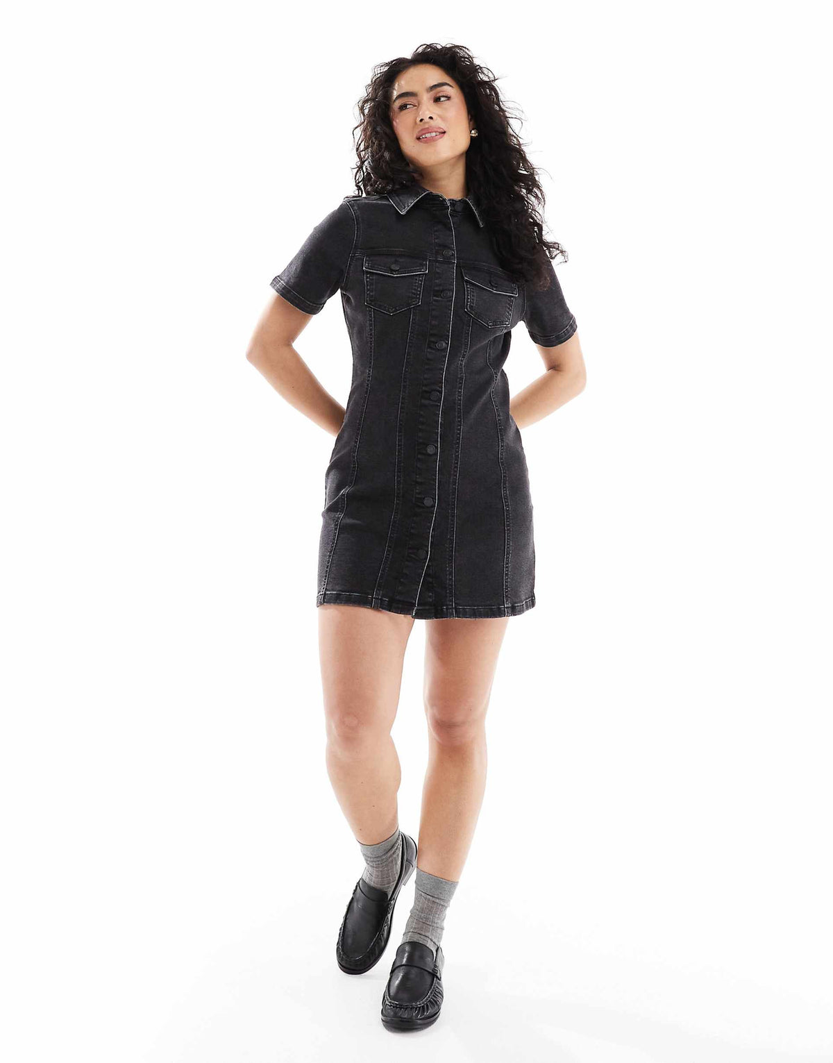 ASOS DESIGN denim fitted shirt mini dress in wash black