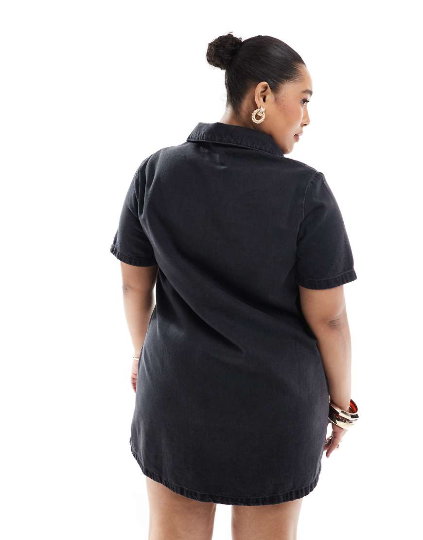 ASOS DESIGN Curve denim polo dress in washed black