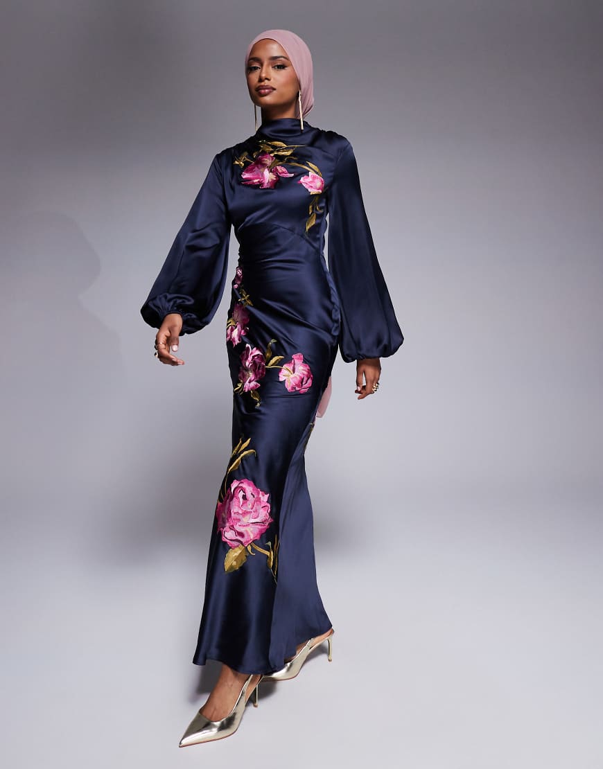 ASOS DESIGN cowl neck floral embroidered bias maxi dress with blouson sleeves in navy