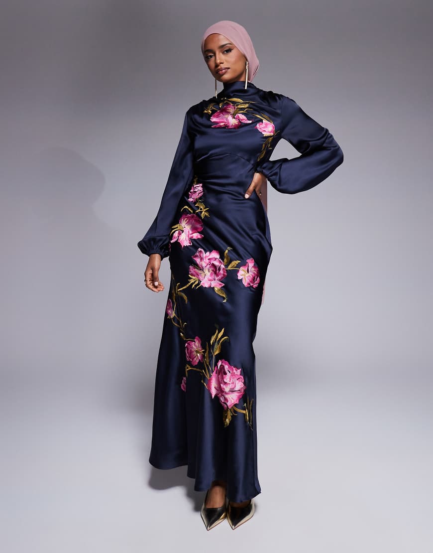 ASOS DESIGN cowl neck floral embroidered bias maxi dress with blouson sleeves in navy