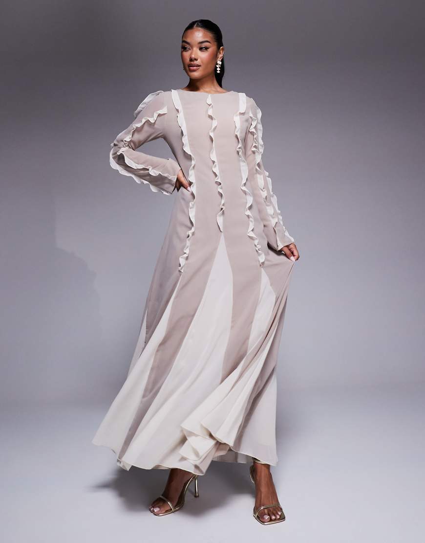 ASOS DESIGN frill seam detail maxi dress with godet hem in stone & cream color block