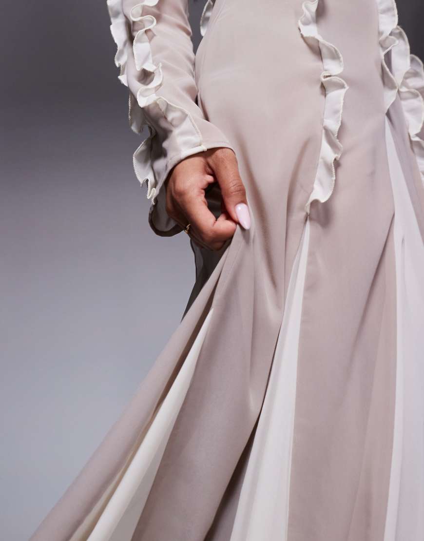 ASOS DESIGN frill seam detail maxi dress with godet hem in stone & cream color block