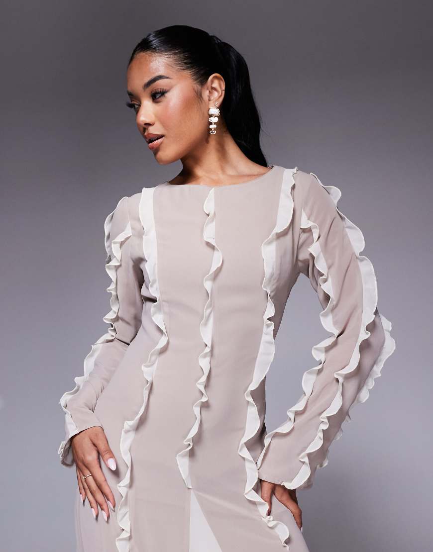 ASOS DESIGN frill seam detail maxi dress with godet hem in stone & cream color block