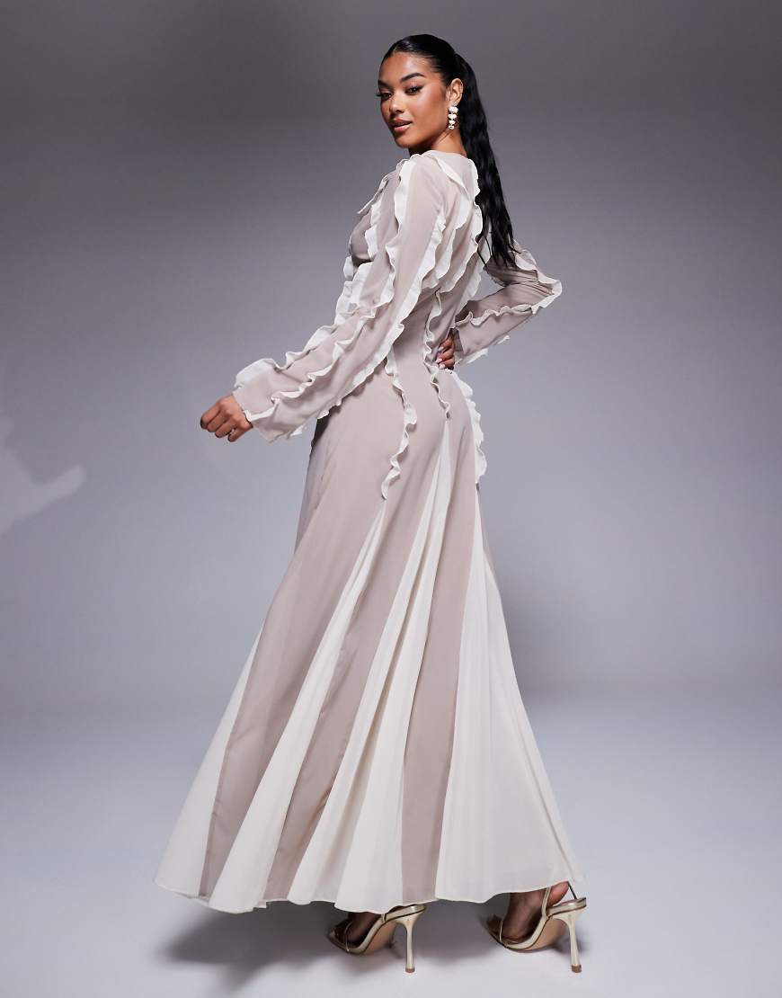 ASOS DESIGN frill seam detail maxi dress with godet hem in stone & cream color block