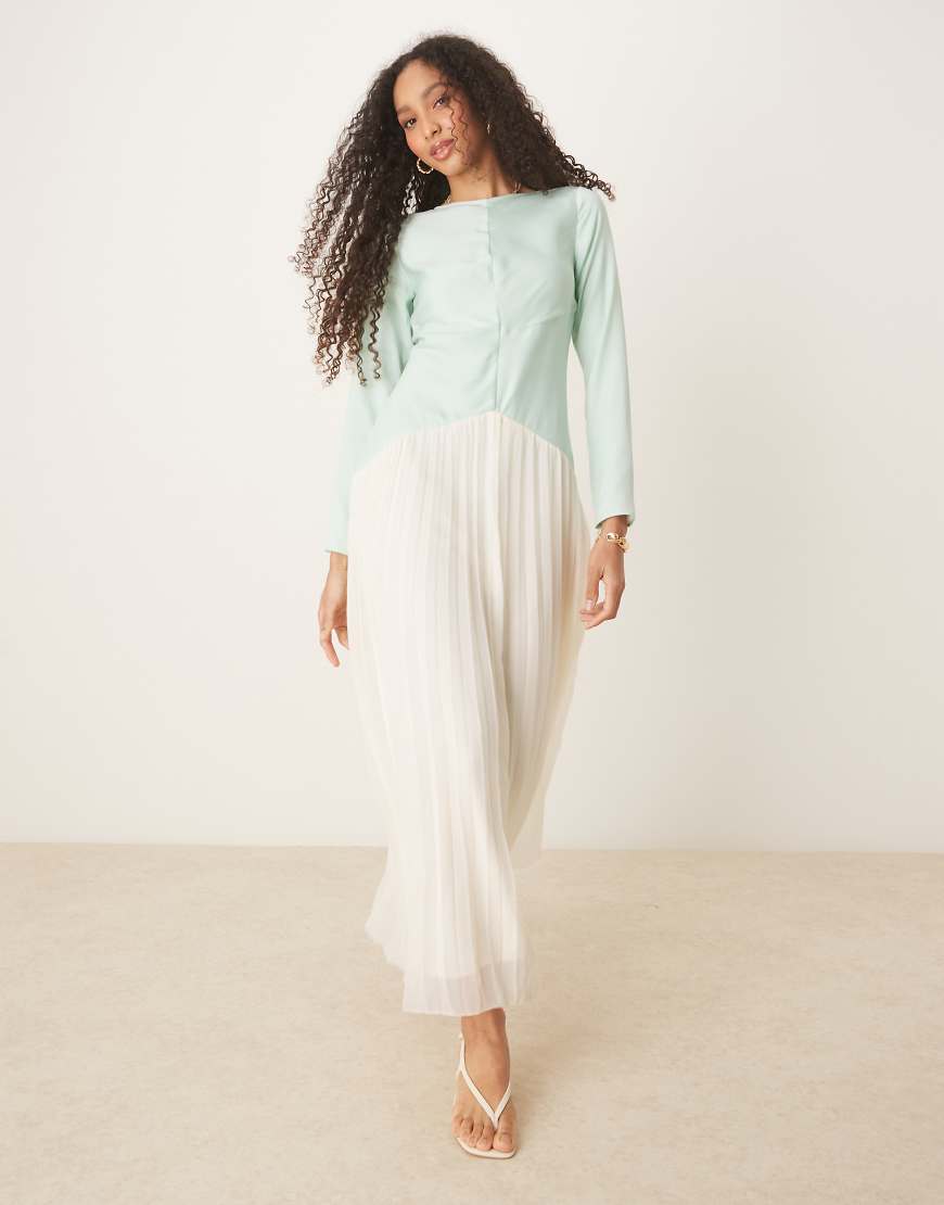 ASOS DESIGN color block dropped waist pleated skirt maxi dress in green and cream