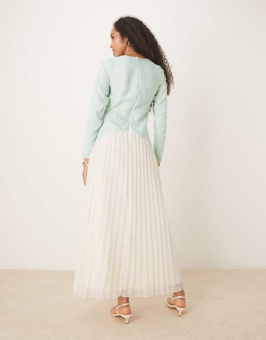 ASOS DESIGN color block dropped waist pleated skirt maxi dress in green and cream