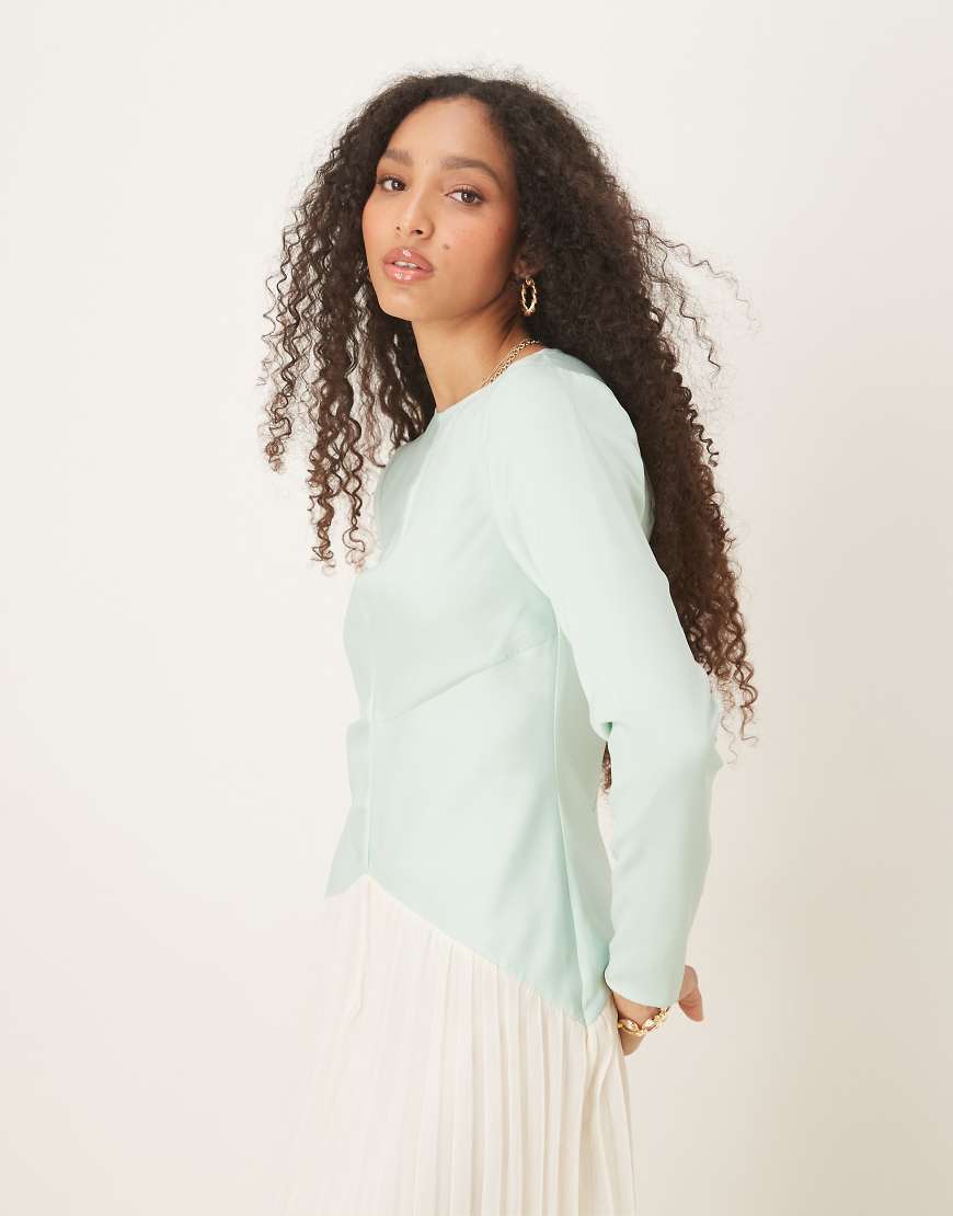 ASOS DESIGN color block dropped waist pleated skirt maxi dress in green and cream