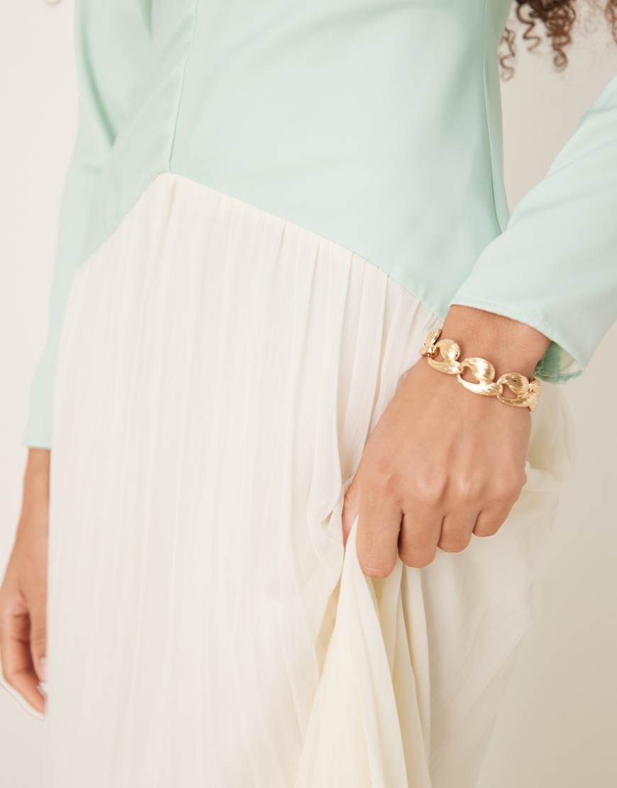 ASOS DESIGN color block dropped waist pleated skirt maxi dress in green and cream