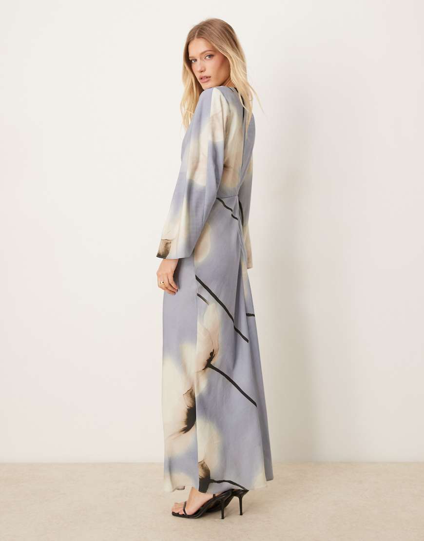 ASOS DESIGN long sleeve tucked waist bias cut maxi dress in blue bold floral print