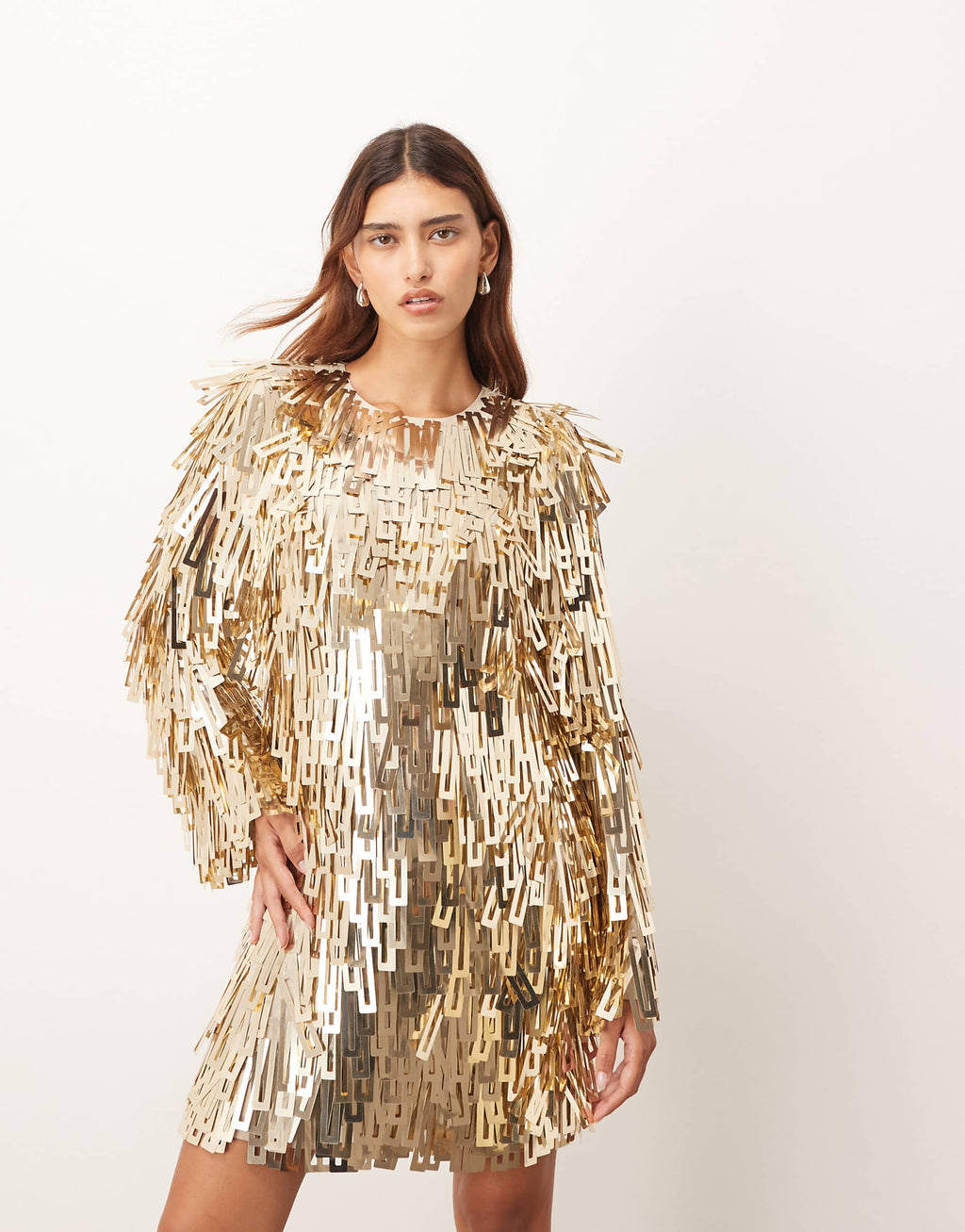 ARRANGE embellished shard sequins long sleeve mini dress in gold