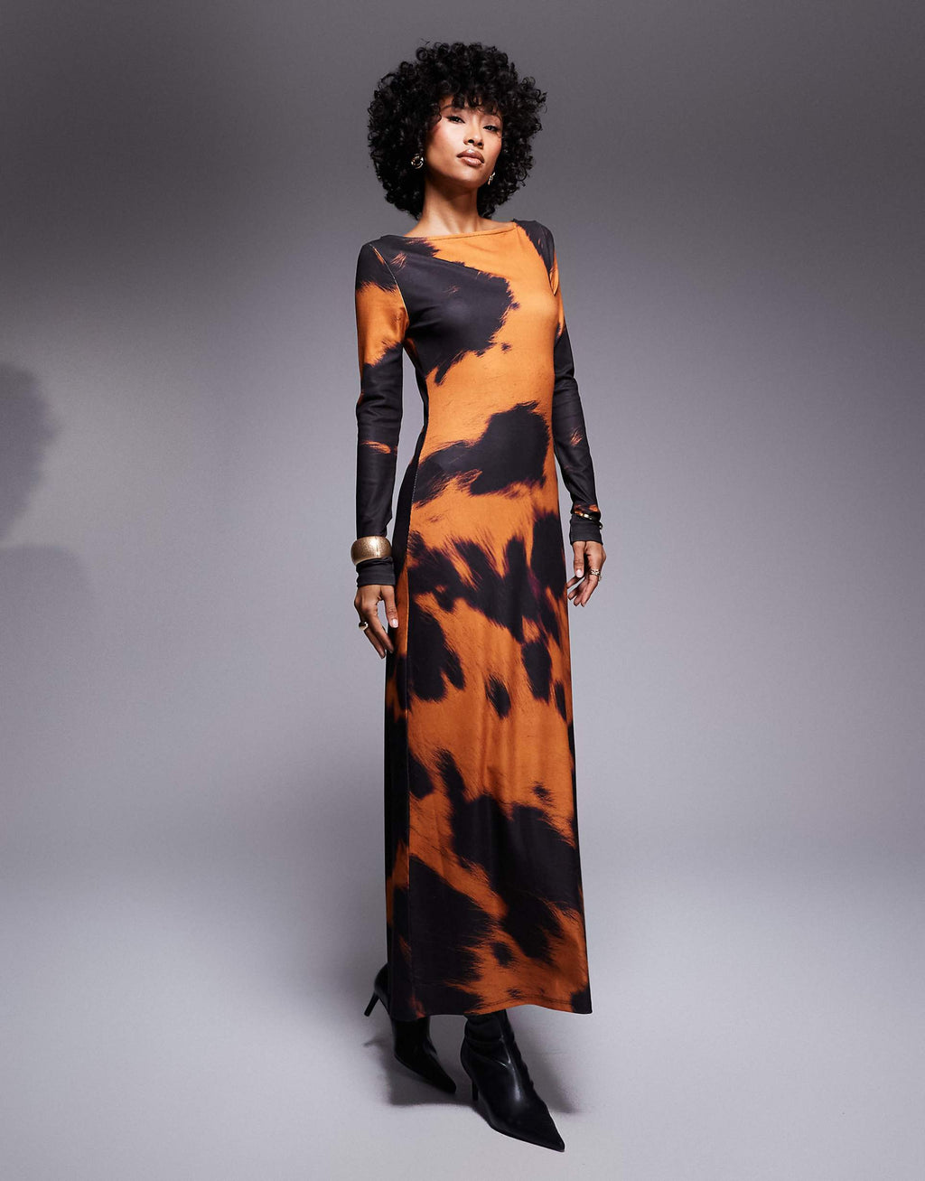 ASOS DESIGN long sleeve midi dress in orange cow print