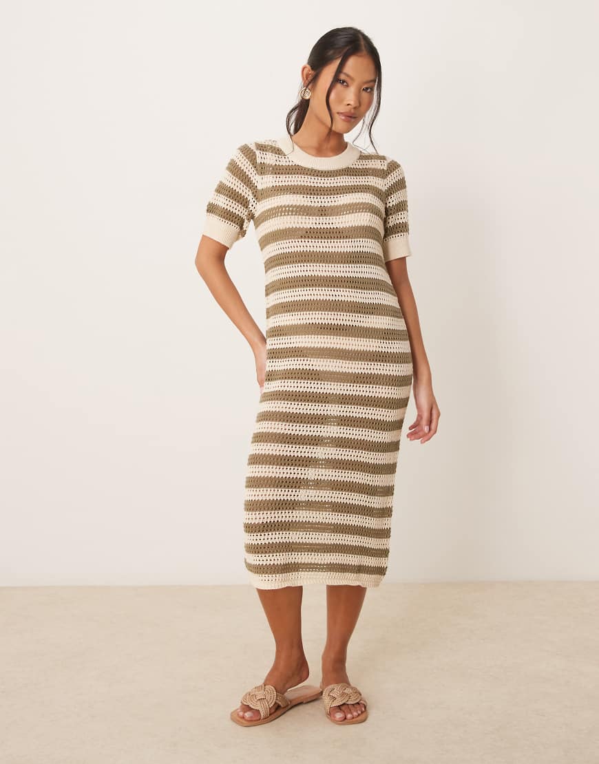 JDY Petite crochet midi dress in beige stripe