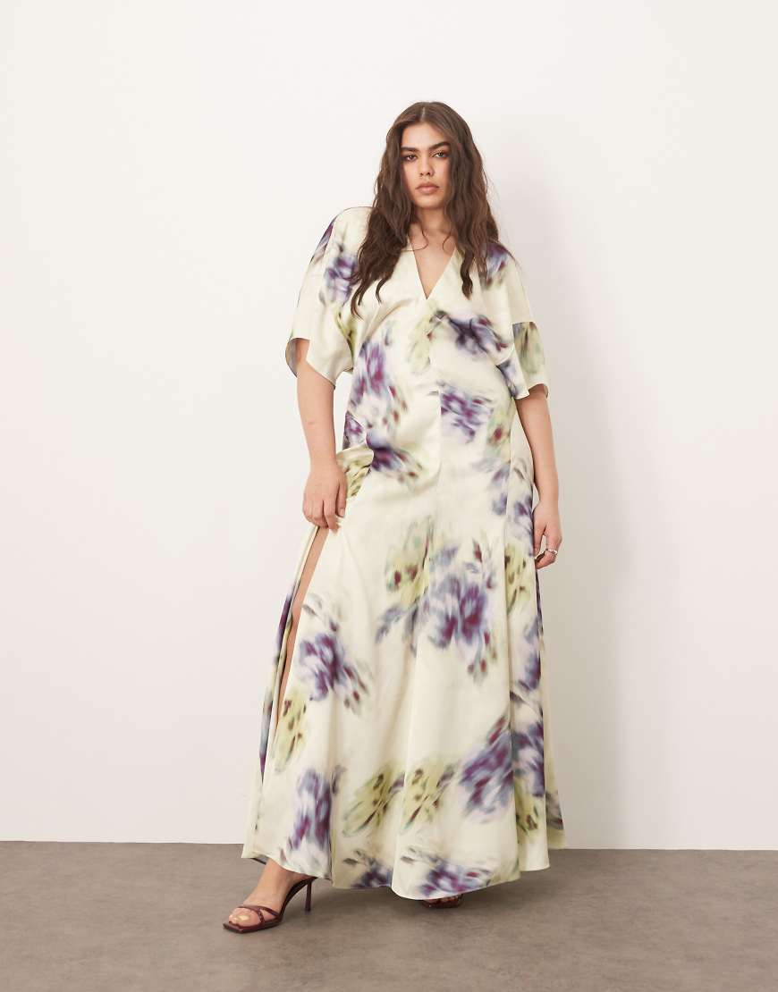 ARRANGE Curve modern 30's maxi satin dress with shoulder pad in blurred floral