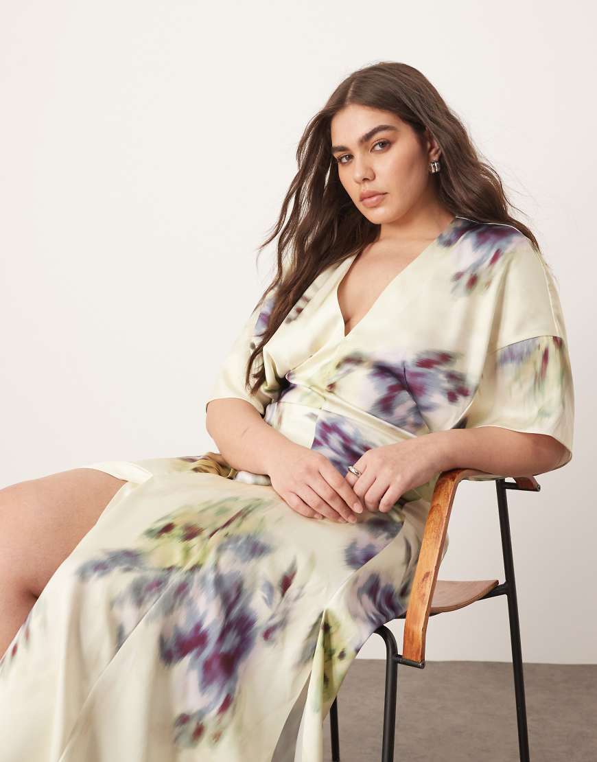 ARRANGE Curve modern 30's maxi satin dress with shoulder pad in blurred floral