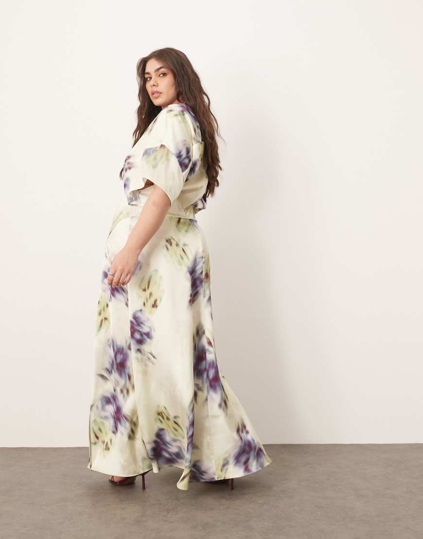 ARRANGE Curve modern 30's maxi satin dress with shoulder pad in blurred floral