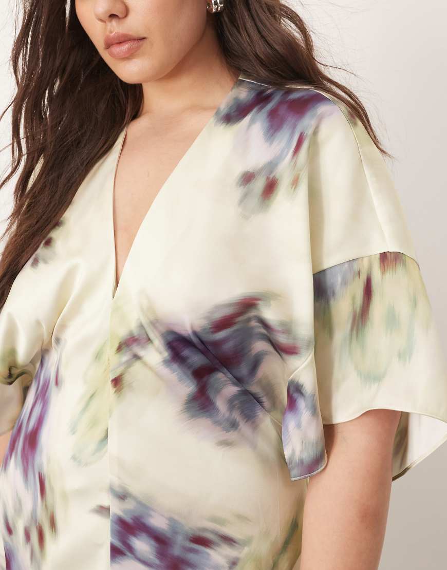ARRANGE Curve modern 30's maxi satin dress with shoulder pad in blurred floral