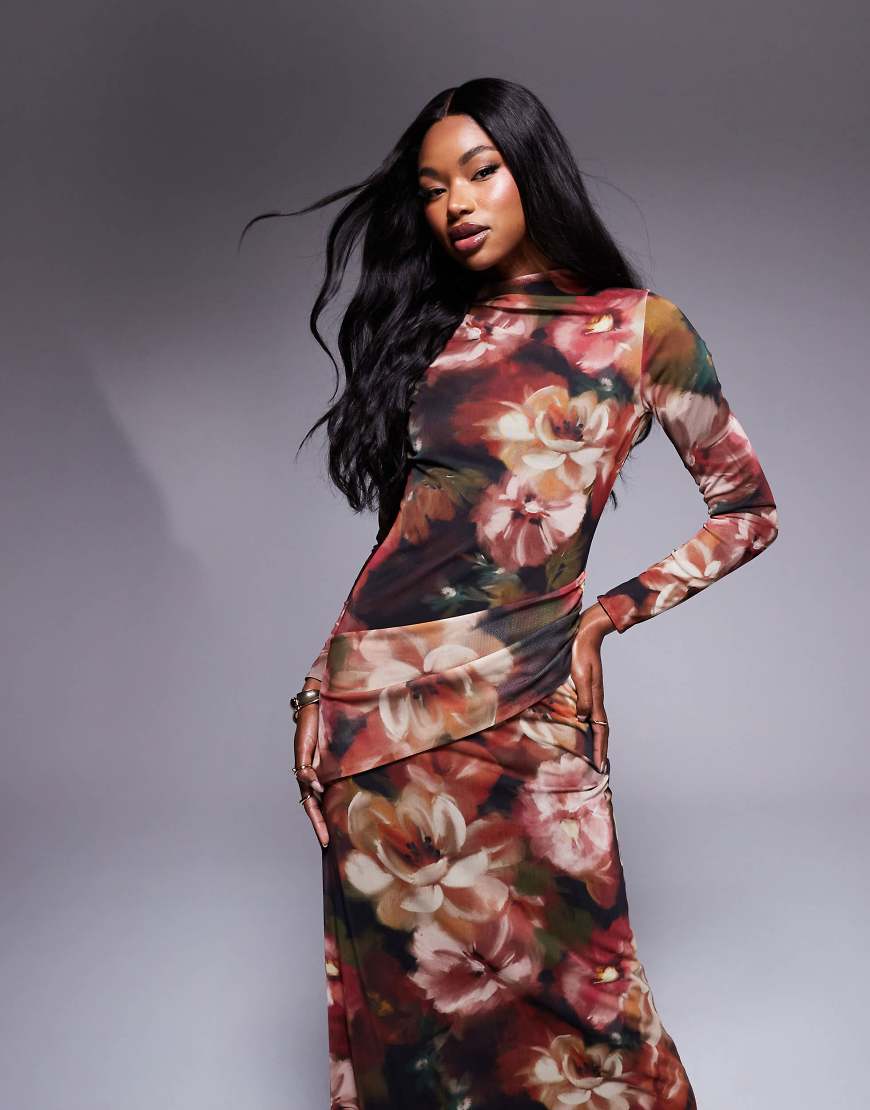 ASOS DESIGN high neck long sleeve maxi dress in tonal marble print