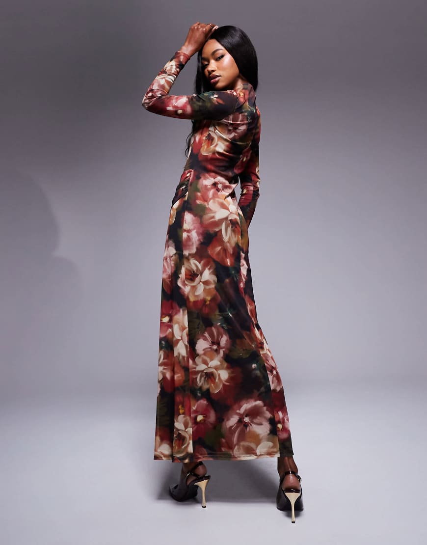 ASOS DESIGN high neck long sleeve maxi dress in tonal marble print