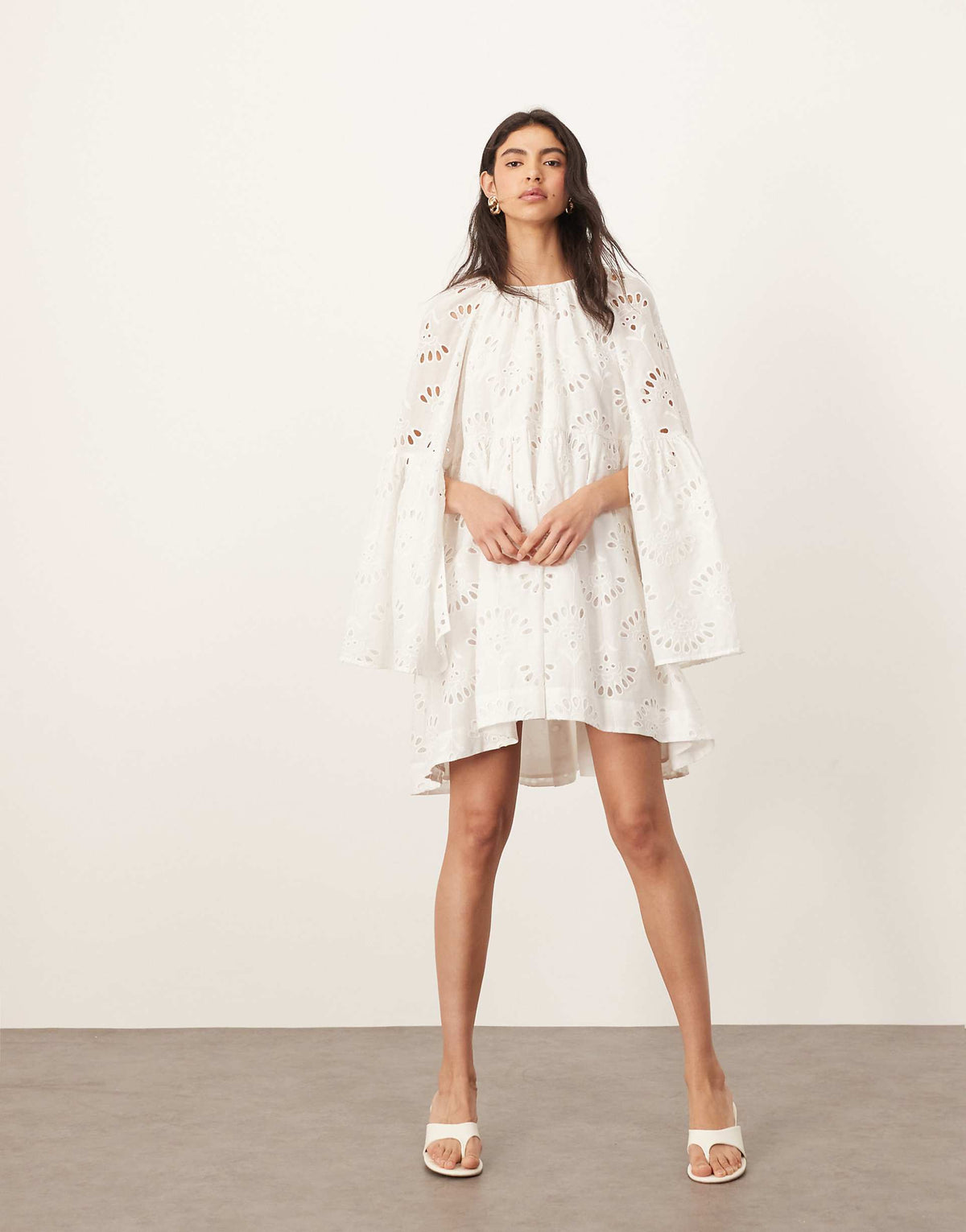 ARRANGE oversized organdy eyelet mini smock dress in white