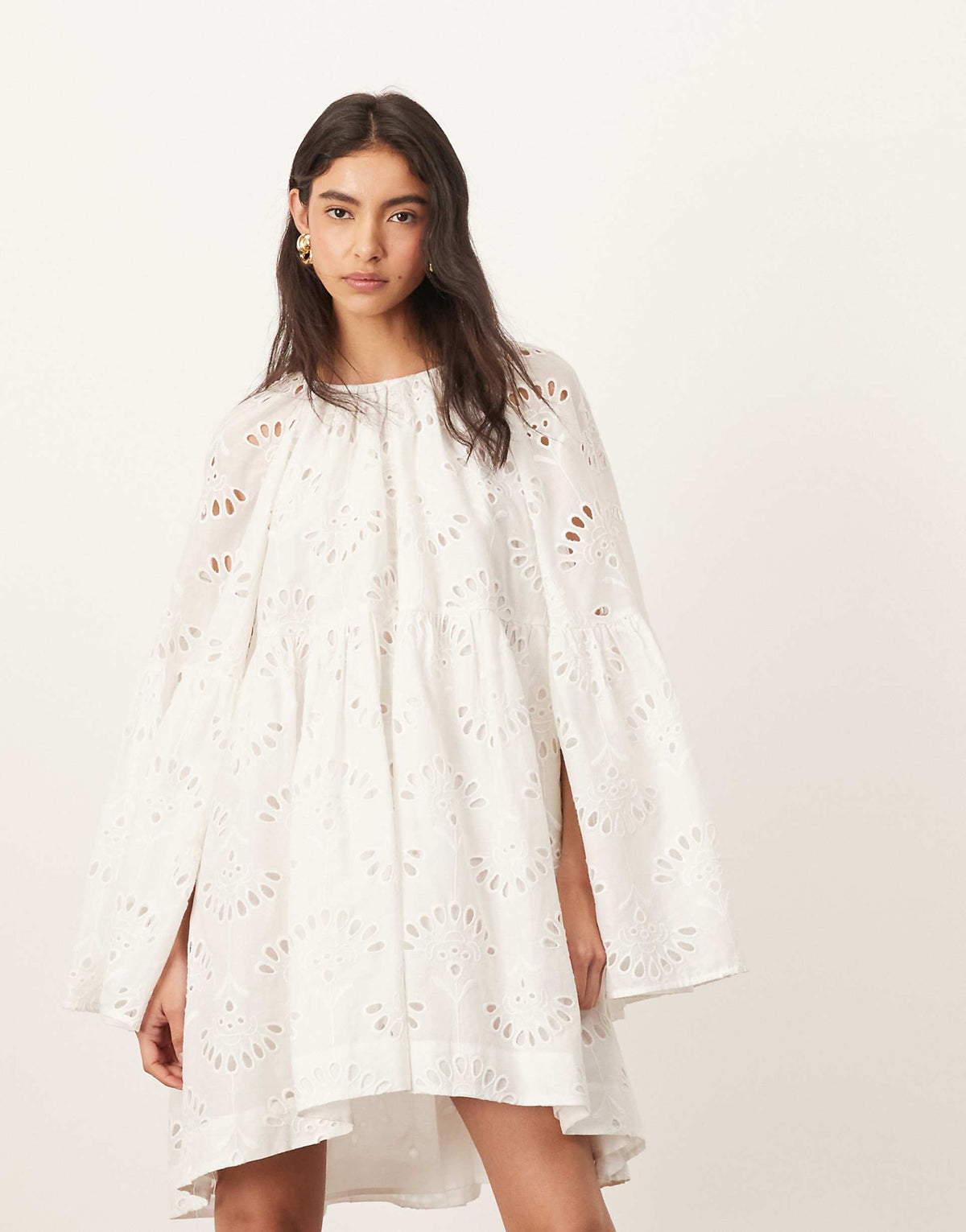 ARRANGE oversized organdy eyelet mini smock dress in white