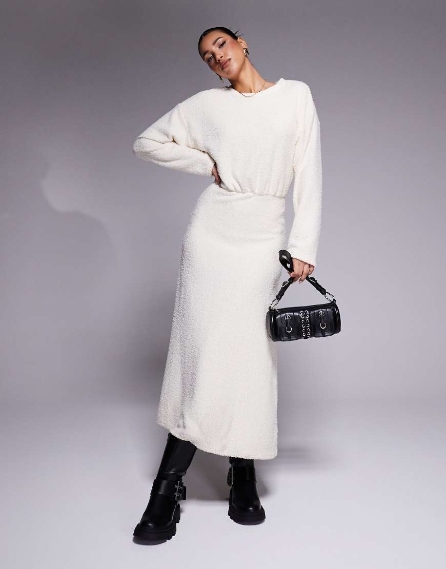 ASOS DESIGN fluffy long sleeve blouson midi dress in cream
