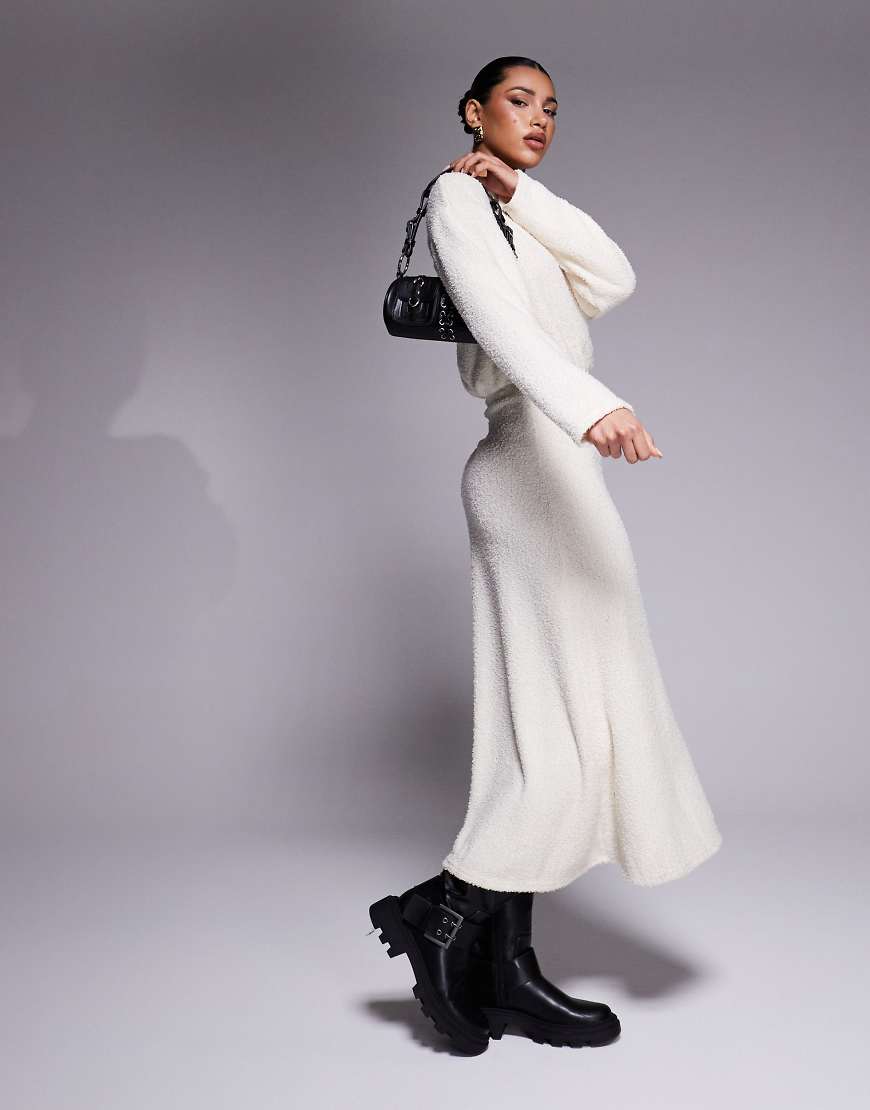 ASOS DESIGN fluffy long sleeve blouson midi dress in cream
