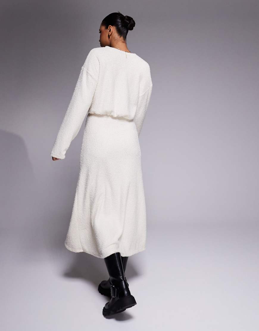 ASOS DESIGN fluffy long sleeve blouson midi dress in cream