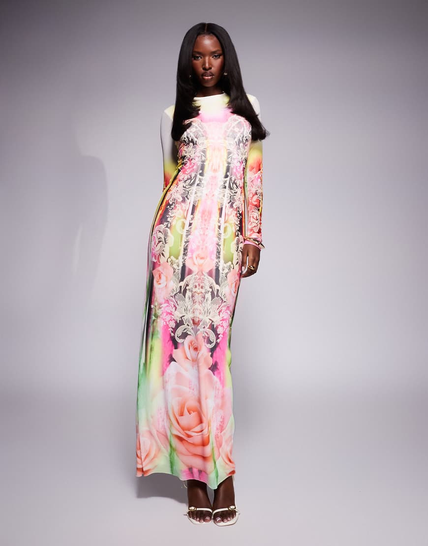 AFRM Didi long sleeve mesh midi dress in grunge lace print