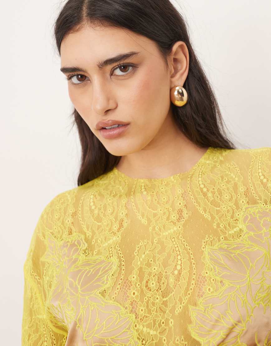 ARRANGE satin embroidered lace applique column midi dress in taupe and lime