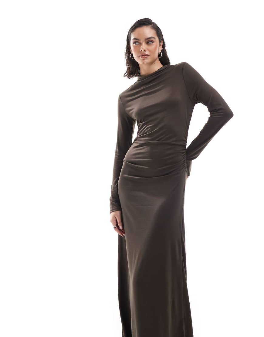ASOS DESIGN high neck cowl maxi dress in chocolate