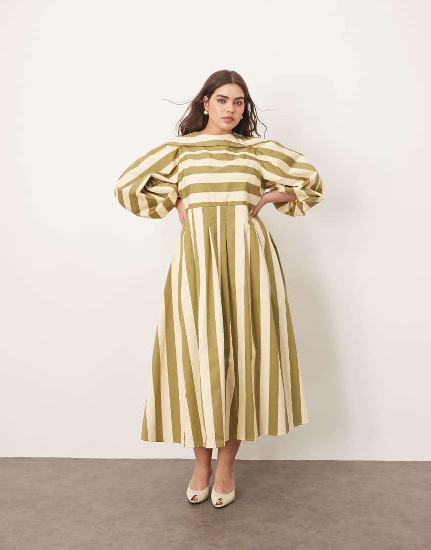 ARRANGE Curve full midi dress with pleat detail in olive stripe