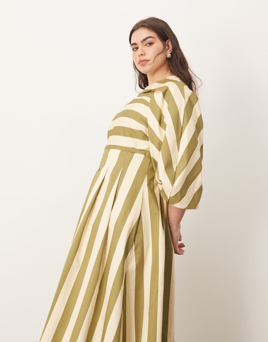 ARRANGE Curve full midi dress with pleat detail in olive stripe