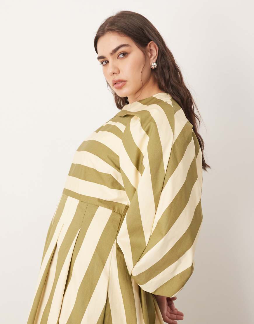 ARRANGE Curve full midi dress with pleat detail in olive stripe
