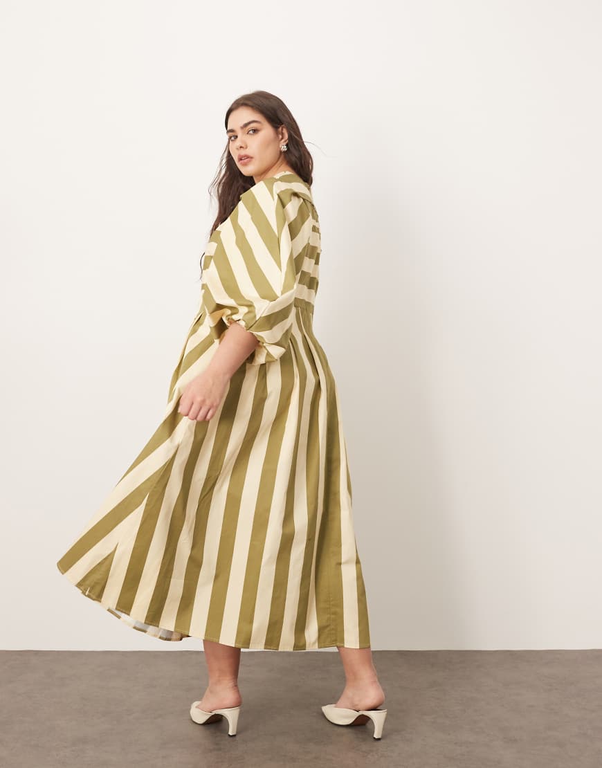 ARRANGE Curve full midi dress with pleat detail in olive stripe