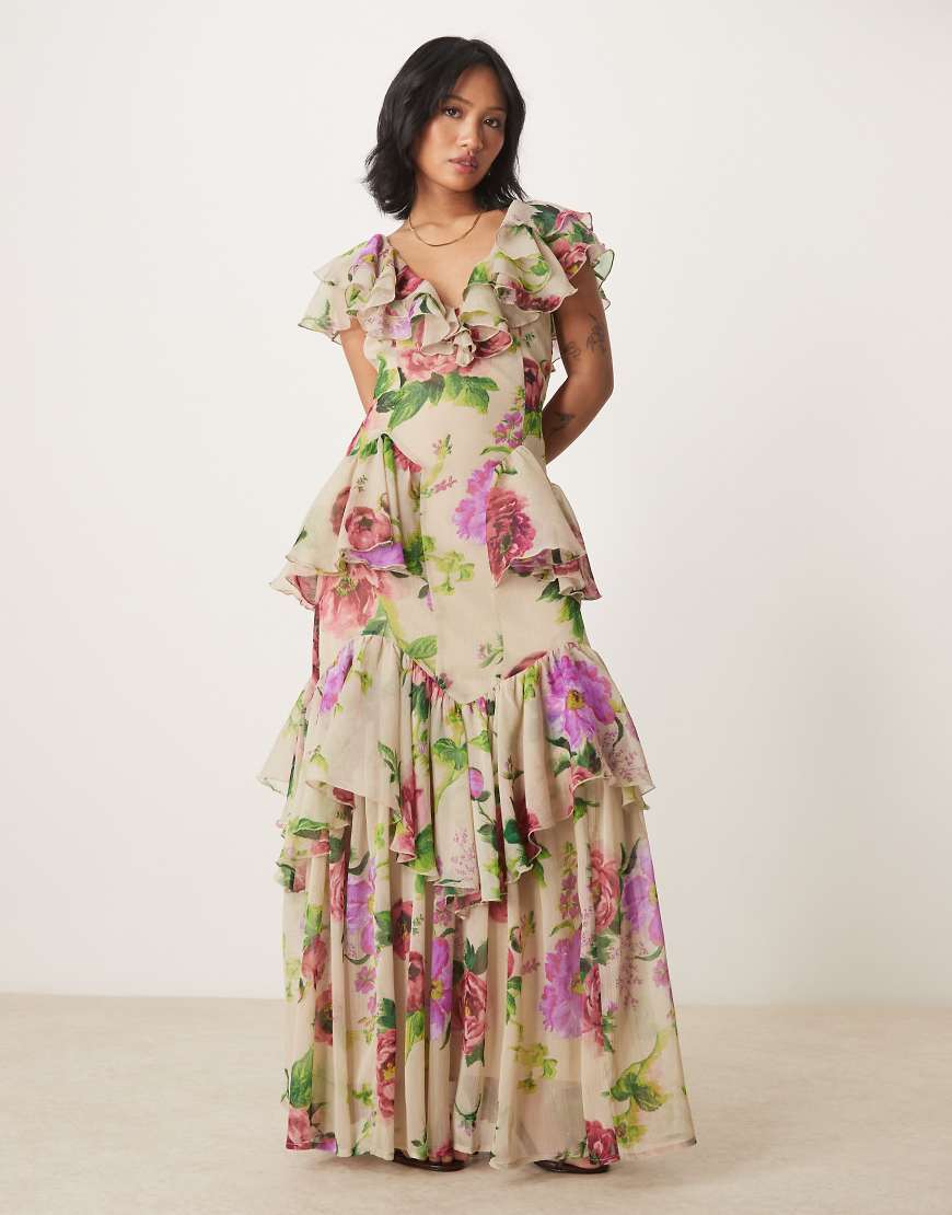 ASOS DESIGN Petite scoop neck flutter sleeve ruffle tiered midaxi dress in lilac floral print