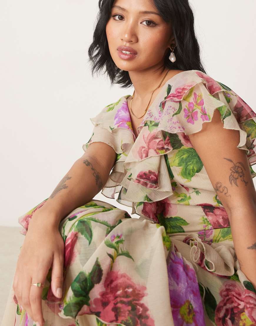 ASOS DESIGN Petite scoop neck flutter sleeve ruffle tiered midaxi dress in lilac floral print