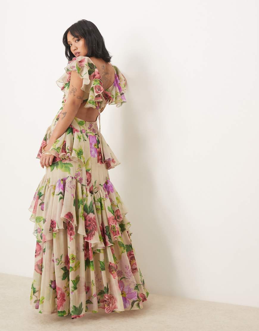 ASOS DESIGN Petite scoop neck flutter sleeve ruffle tiered midaxi dress in lilac floral print