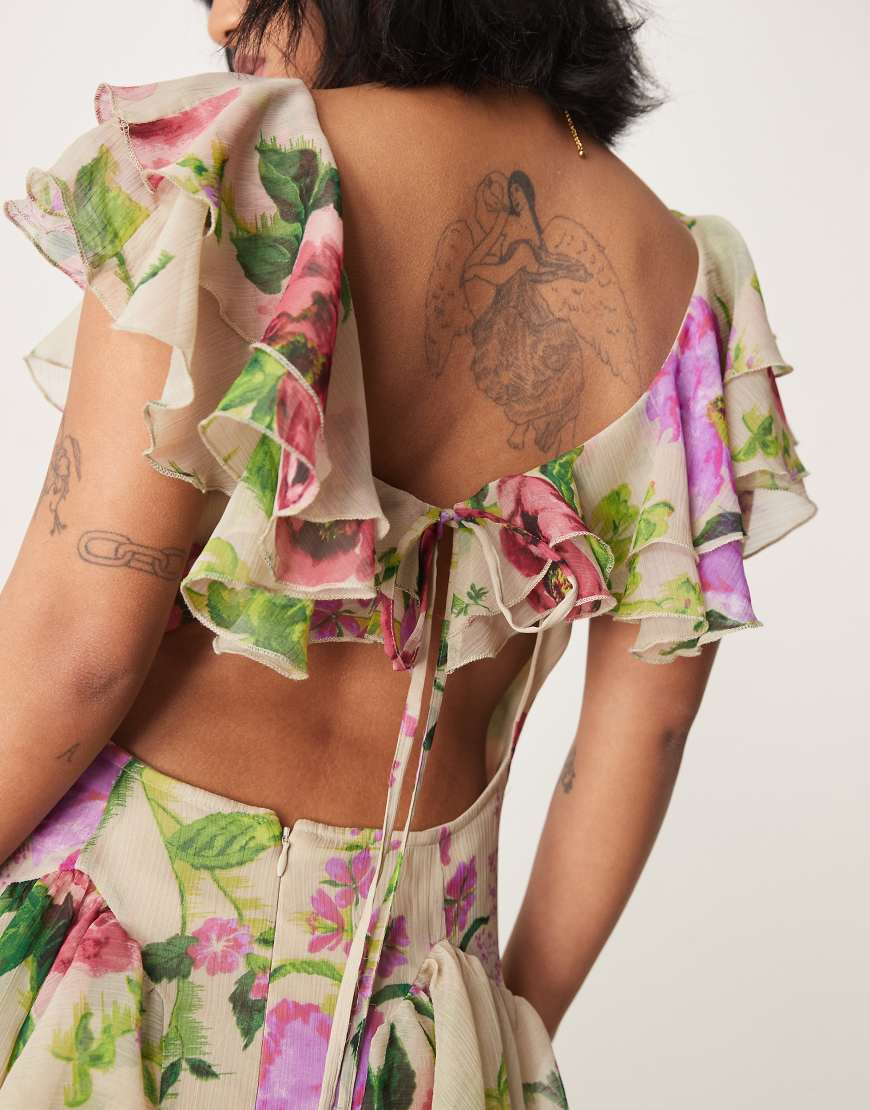 ASOS DESIGN Petite scoop neck flutter sleeve ruffle tiered midaxi dress in lilac floral print
