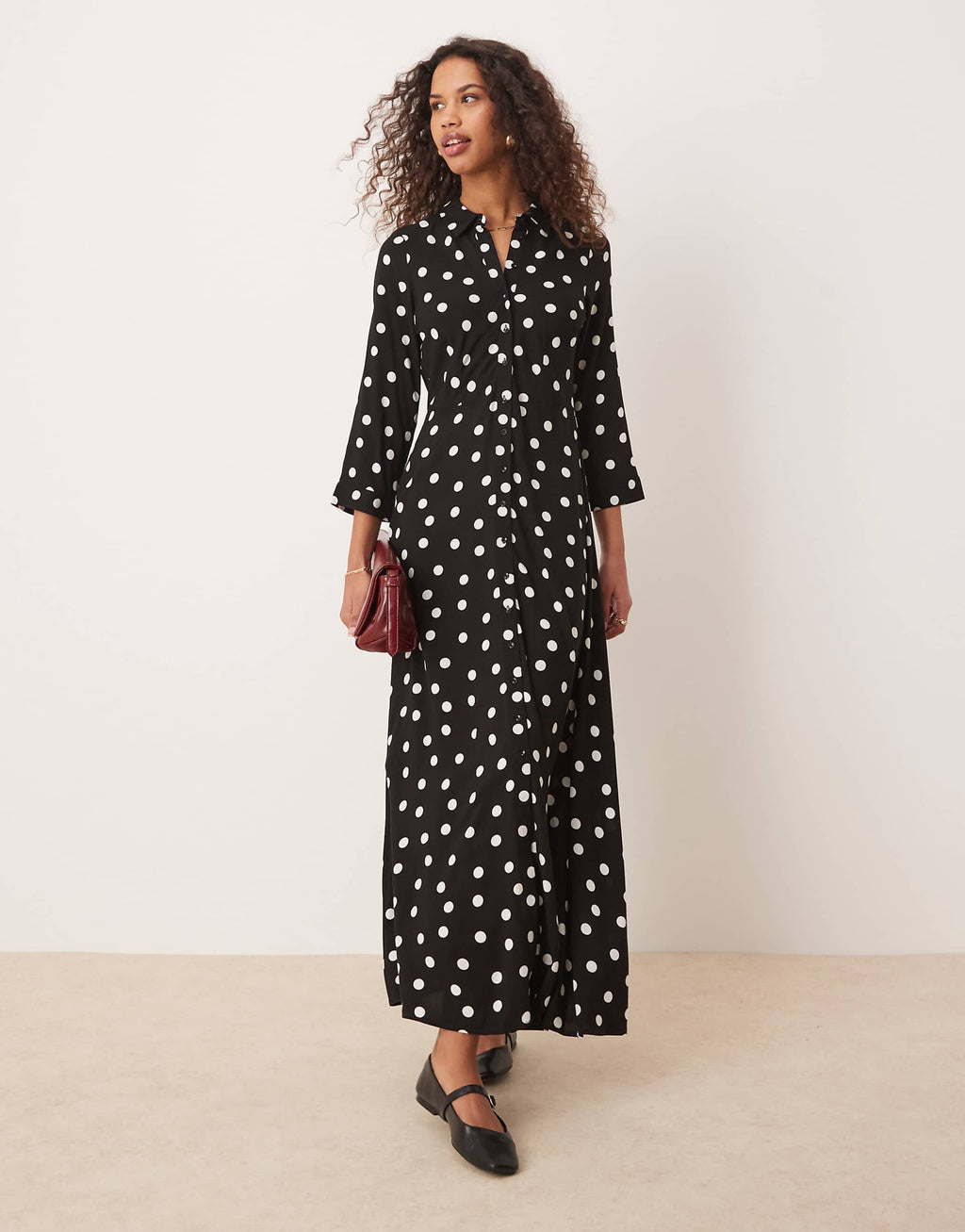 YAS maxi shirt dress in black polka dot print