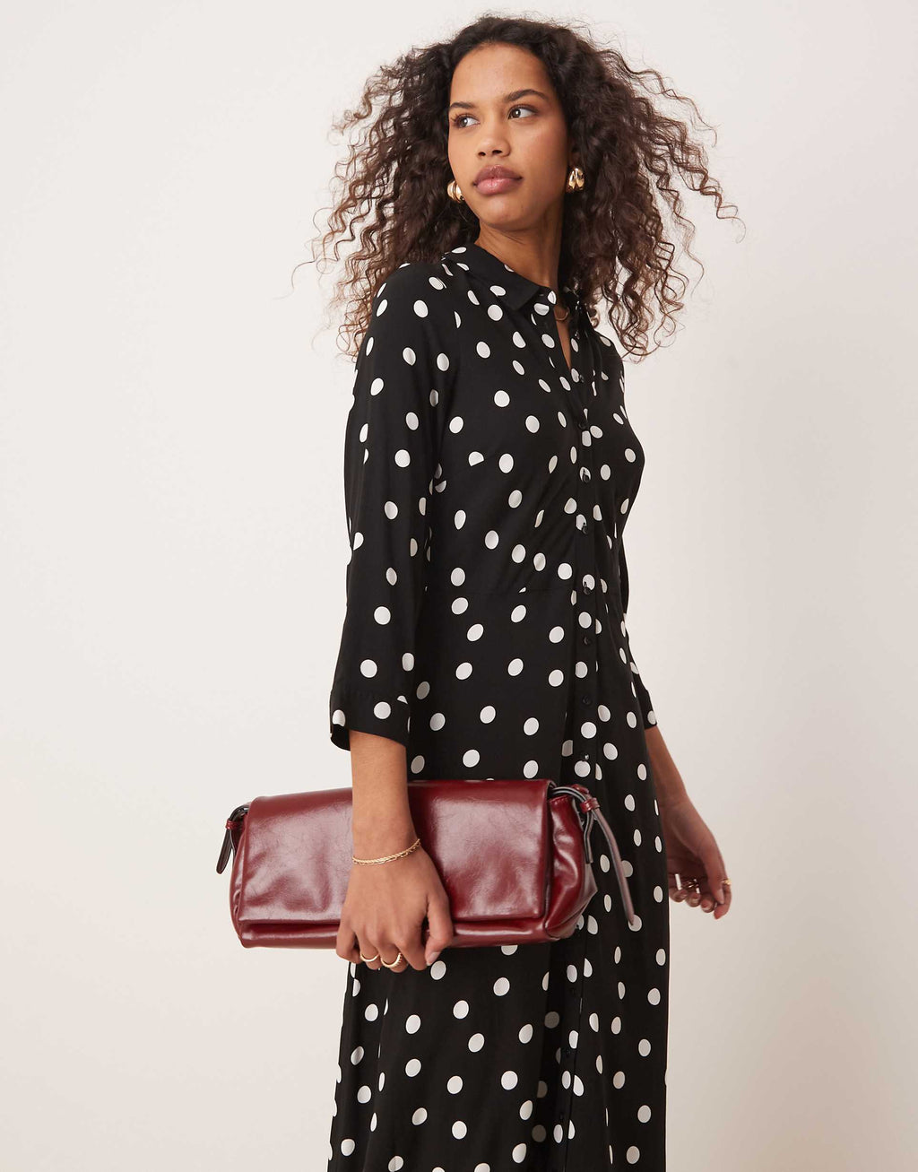 YAS maxi shirt dress in black polka dot print