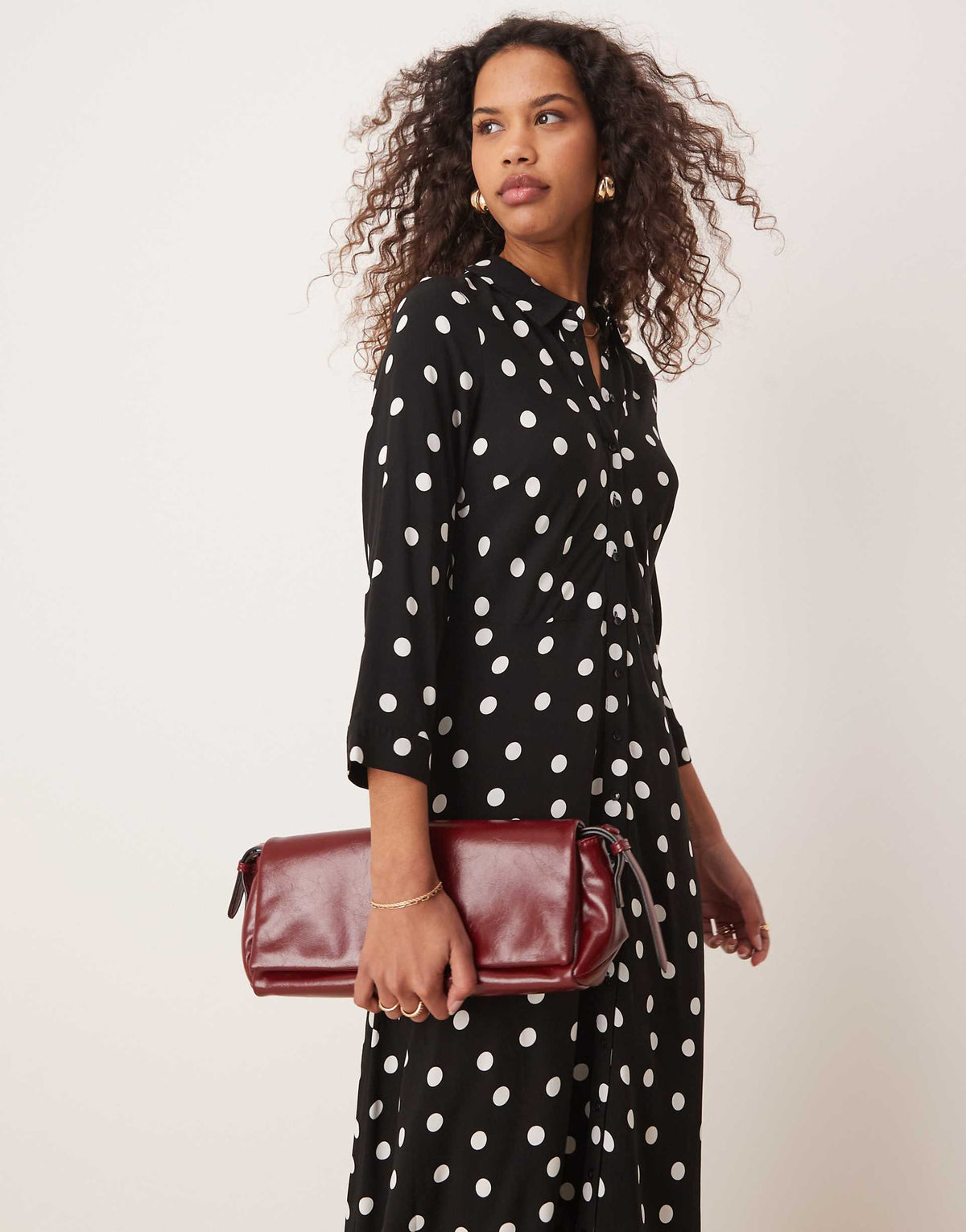 YAS maxi shirt dress in black polka dot print